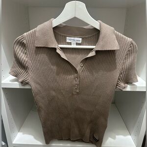 Calvin Klein - Ribbed polo top - Size S - Taupe